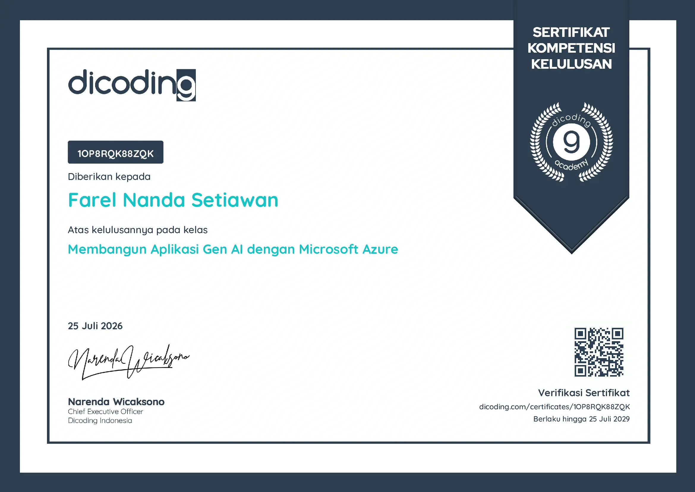 Sertifikat Dicoding Membangun Gen AI Dengan Microsoft Azure
