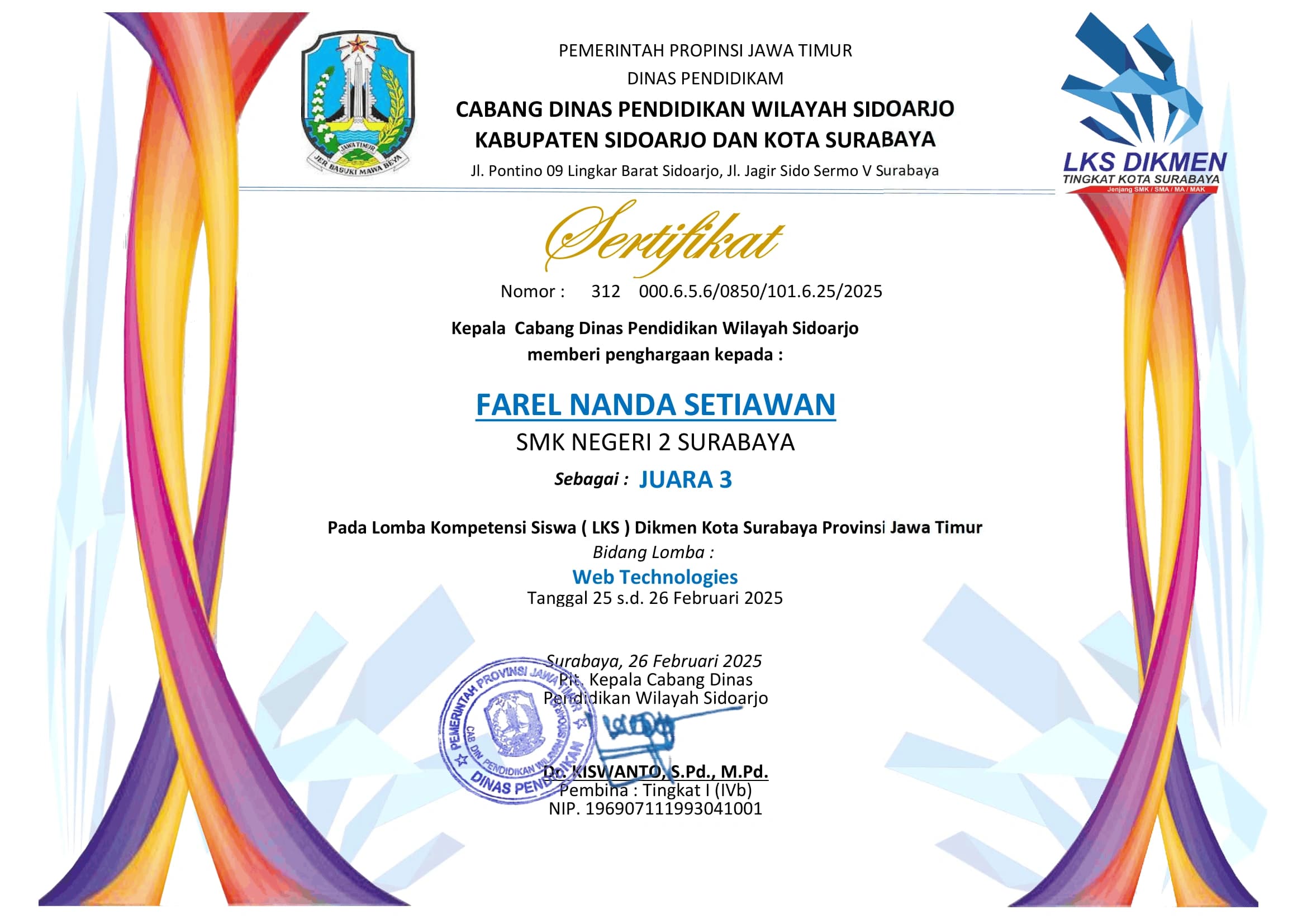 Sertifikat juara 3 LKS Web Technology 2025