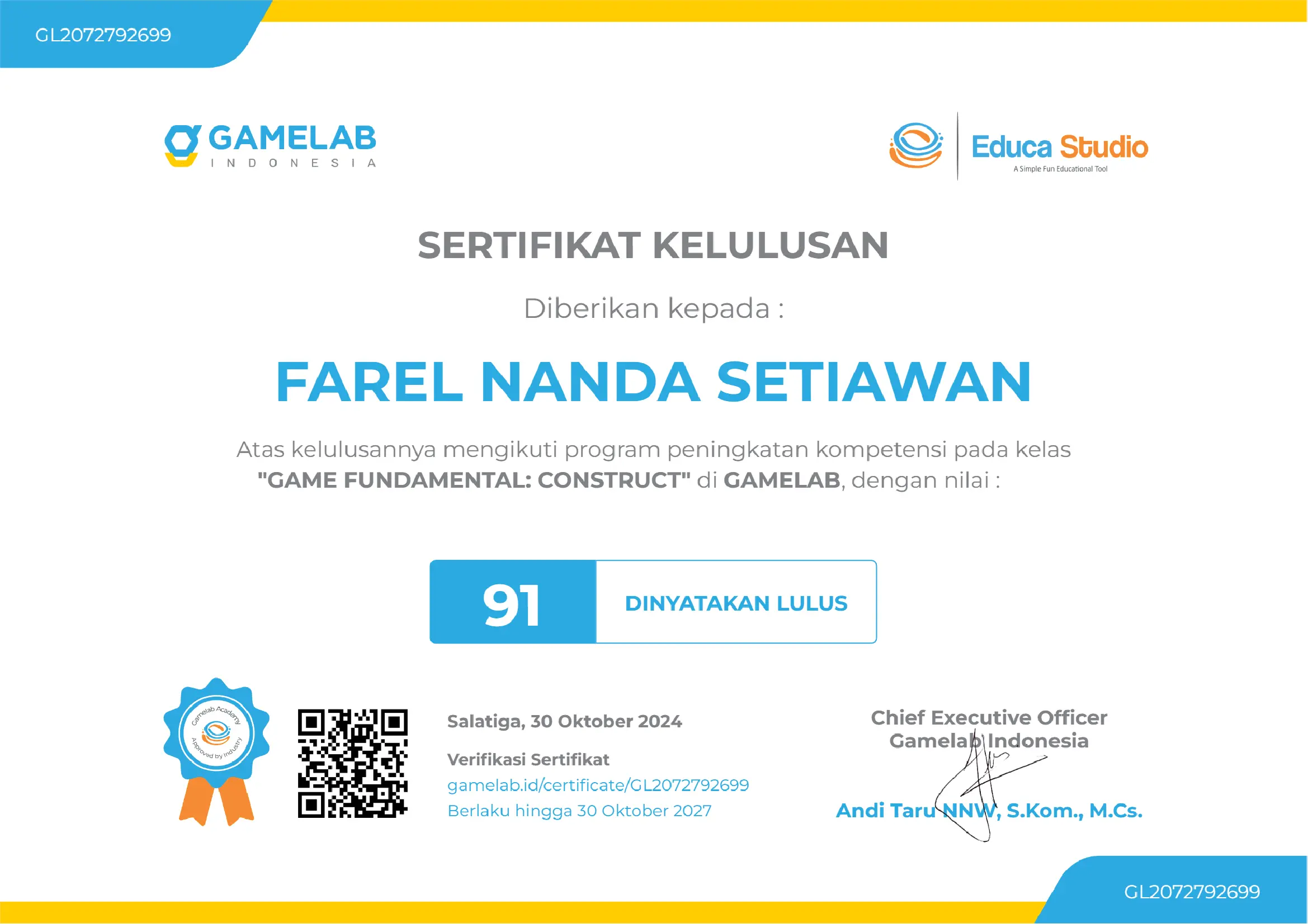 Sertifikat Kelas Online Gamelab Construct