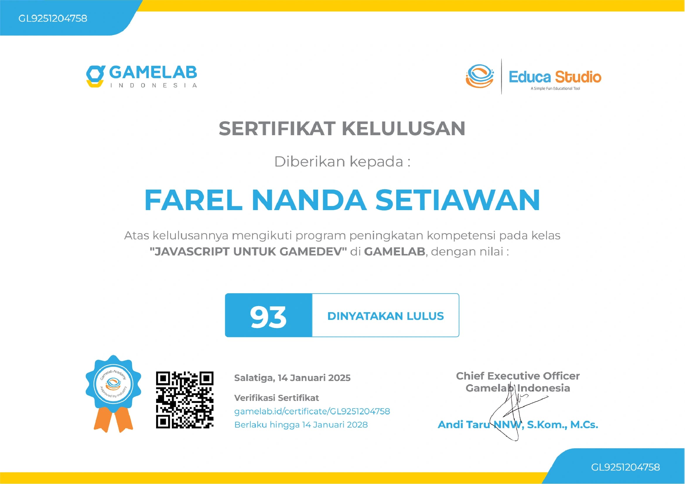Sertifikat Kelas Online Gamelab Javascript Gamedev